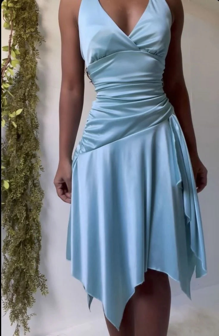 TingPo Wholesale Simple A line V Neckline Blue Satin Prom Dresses Birthday Outfits